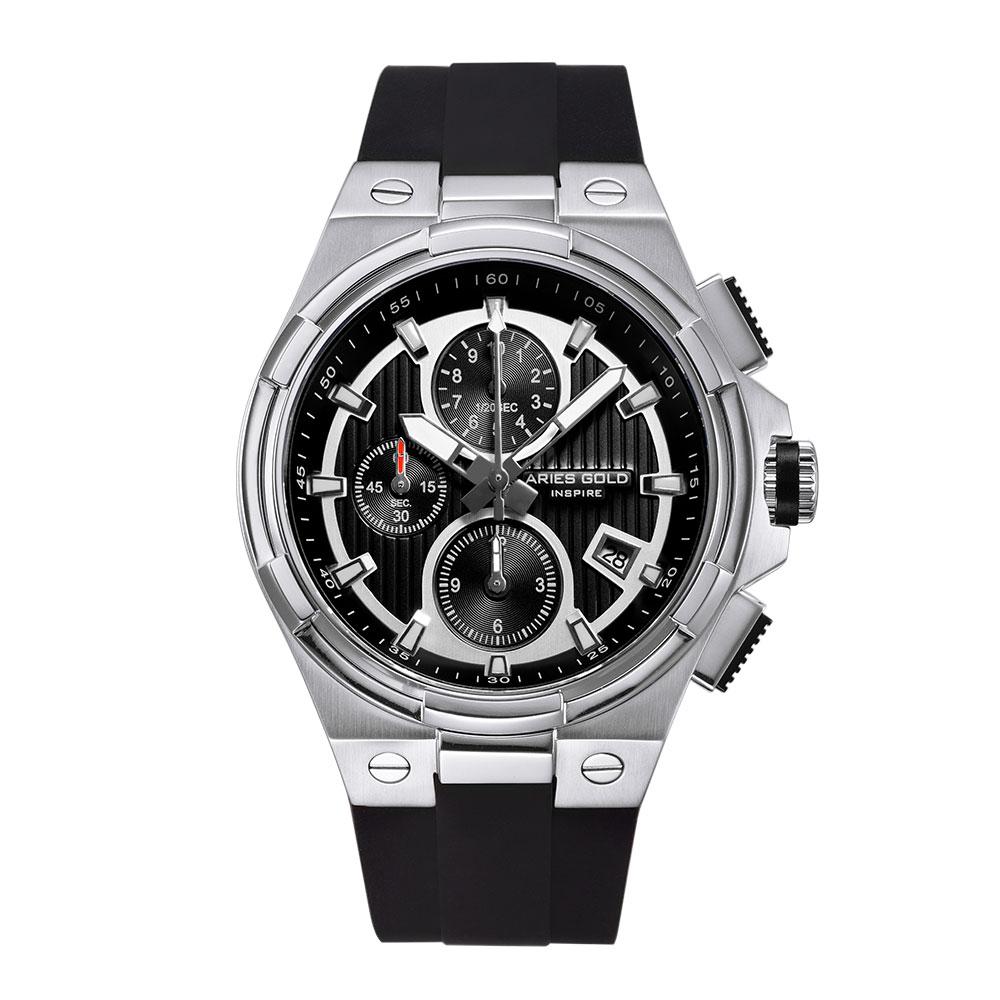 ARIES GOLD KING SILVER STAINLESS STEEL G 7311 S-BKS HI-TECH BLACK SYNTHETIC STRAP MEN'S WATCH